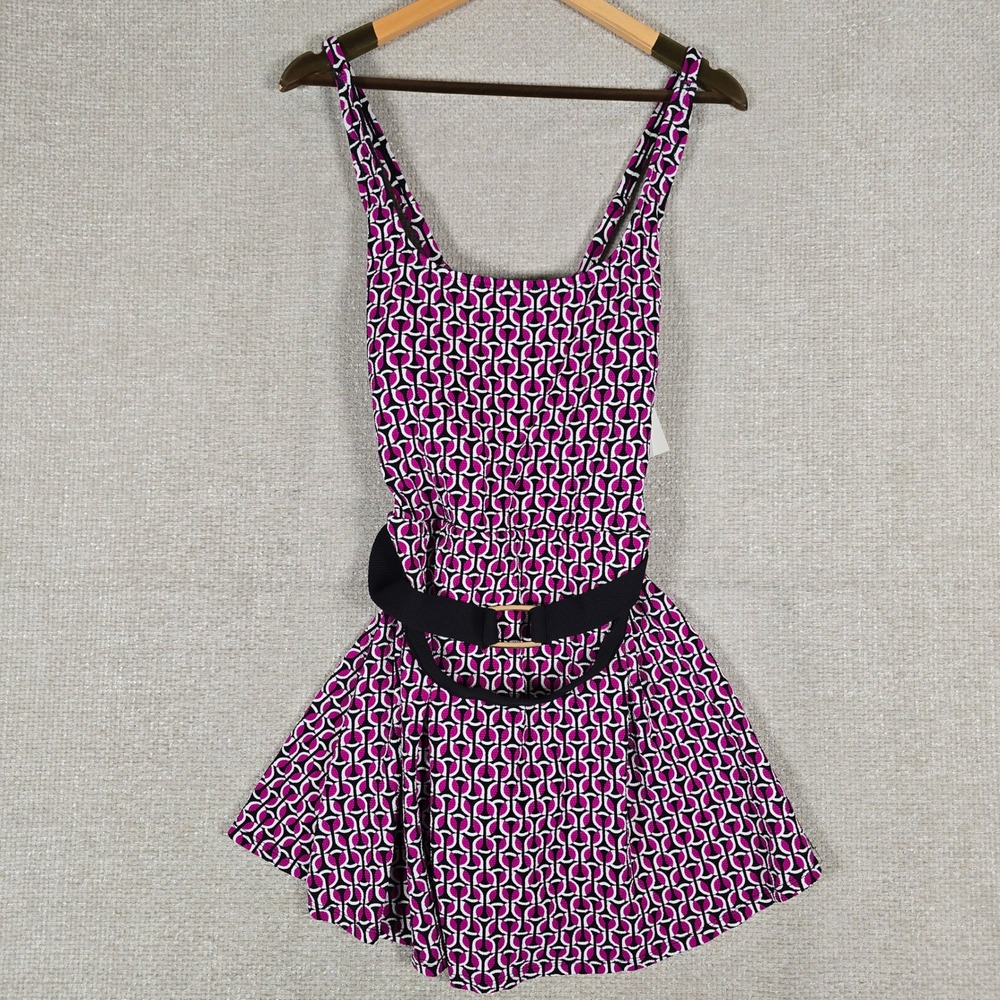 Lands End Pink Geometric Swim Dress One Piece Belted Crisscross Back 25LETS207 L